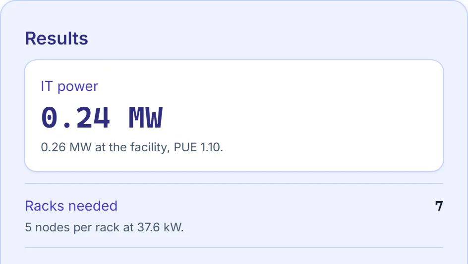 Screenshot of the AI Server Rack Power Consumption Calculator
